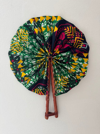 Handmade African Print Foldable Fan – Vibrant Ankara Fabric with Leather Handle