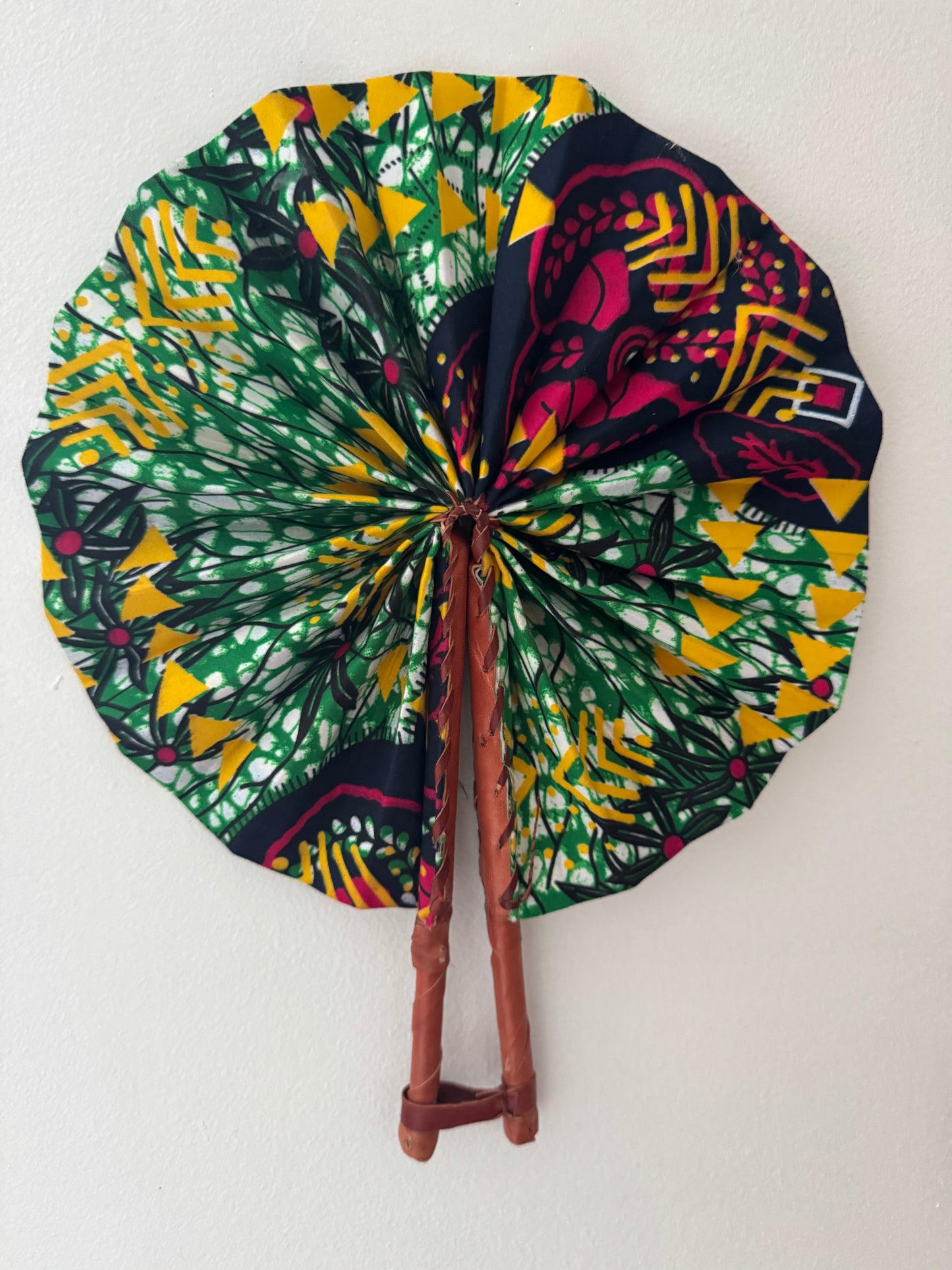 Handmade African Print Foldable Fan – Vibrant Ankara Fabric with Leather Handle