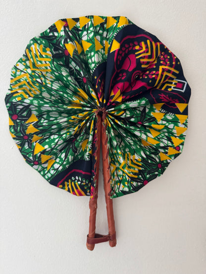 Handmade African Print Foldable Fan – Vibrant Ankara Fabric with Leather Handle