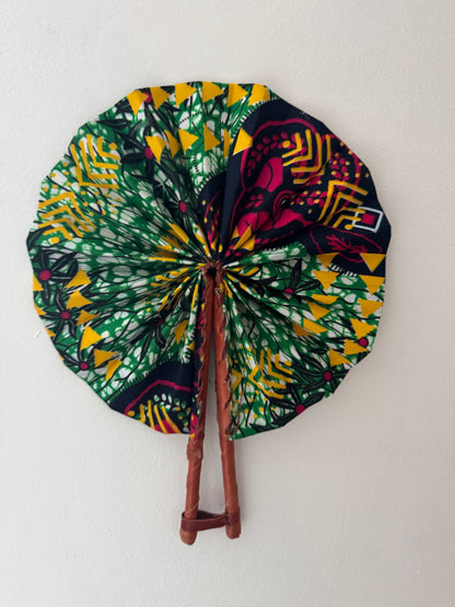 Handmade African Print Foldable Fan – Vibrant Ankara Fabric with Leather Handle