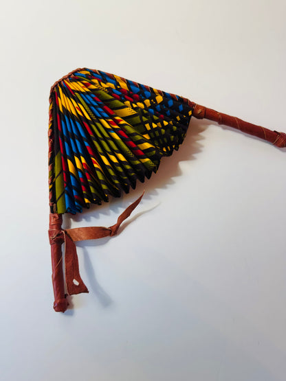 Handcrafted African Ankara Folding Fan – Multicolor Spiral Pattern with Leather Handle