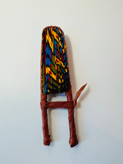 Handcrafted African Ankara Folding Fan – Multicolor Spiral Pattern with Leather Handle