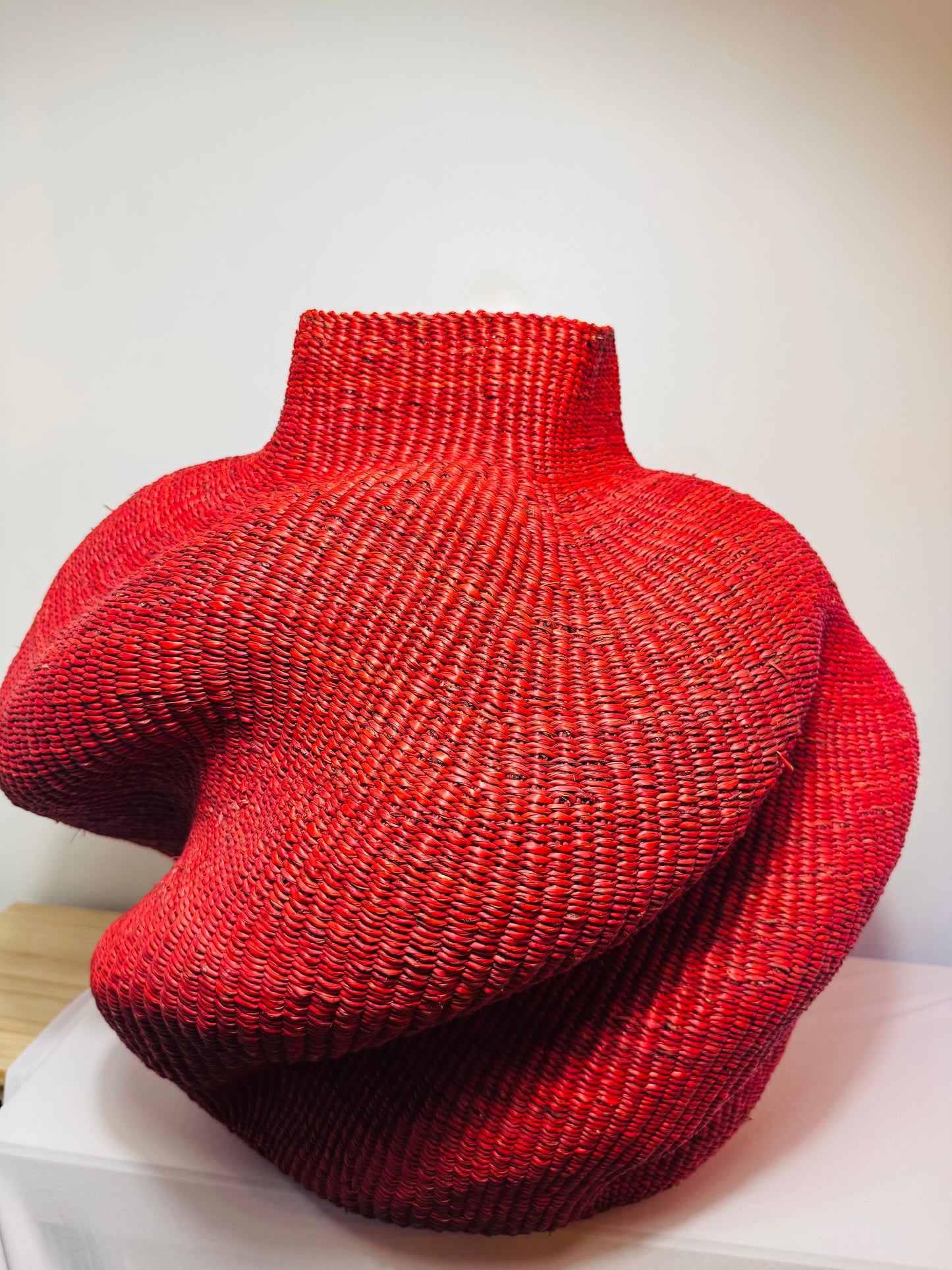 Wavy Red Art Basket – Handwoven Sculpture from Ghana