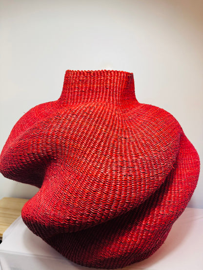 Wavy Red Art Basket – Handwoven Sculpture from Ghana